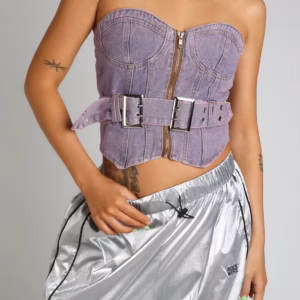 Retro Denim Tube Zipper Front Belted Streetwear Slim Tank Tops