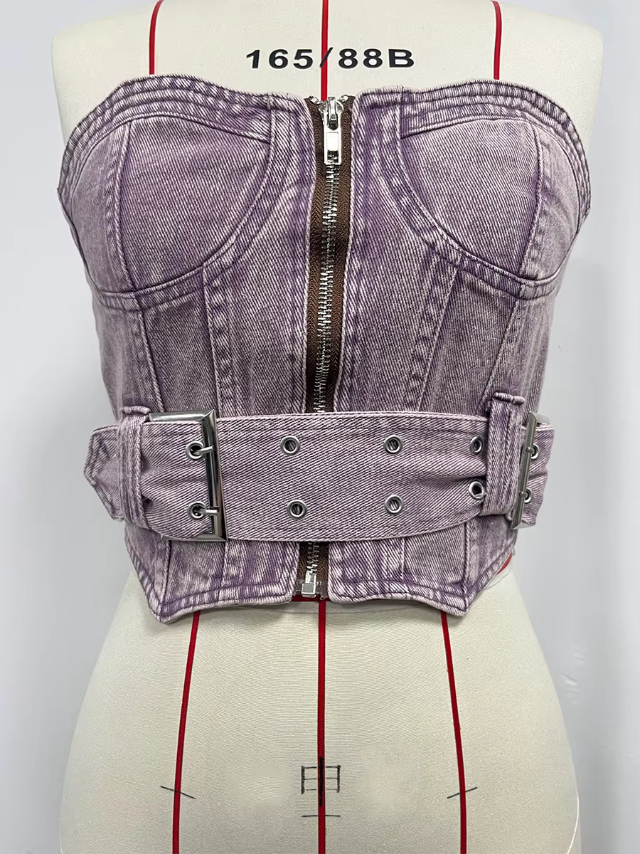 Retro Denim Tube Zipper Front Belted Streetwear Slim Tank Tops - Image 2