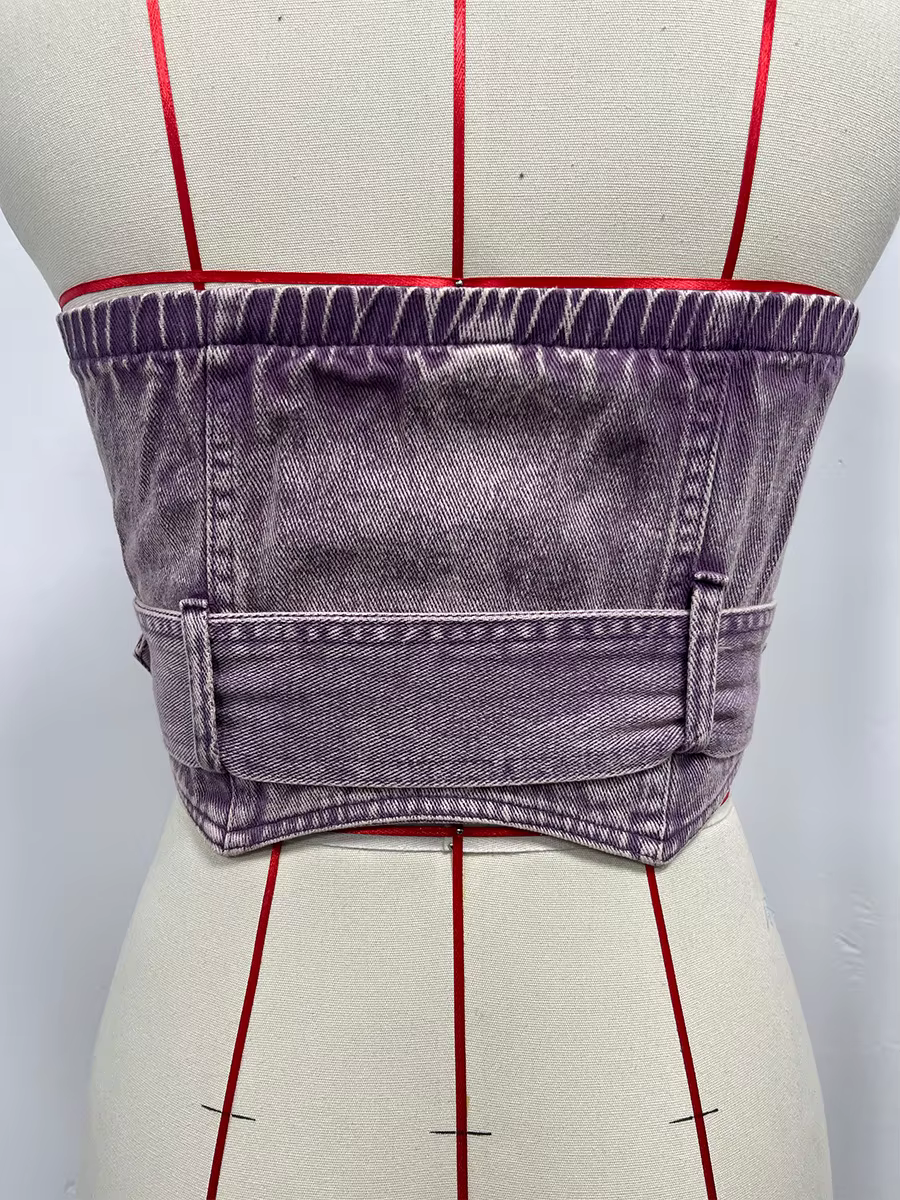 Retro Denim Tube Zipper Front Belted Streetwear Slim Tank Tops - Image 4