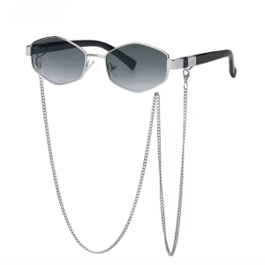 Retro Hexagon With Chain Designer Unique Small Frame Sunglasses