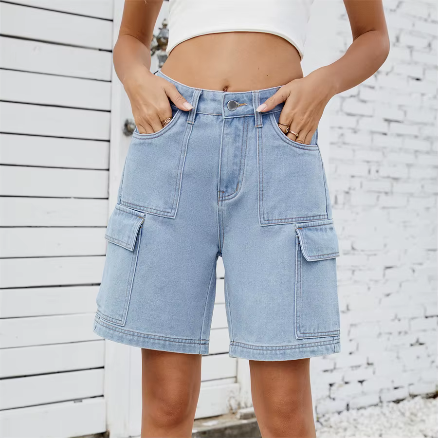 Retro Multi-pocket Cargo High Waist Loose Straight Wide Leg Jean Short - Image 10