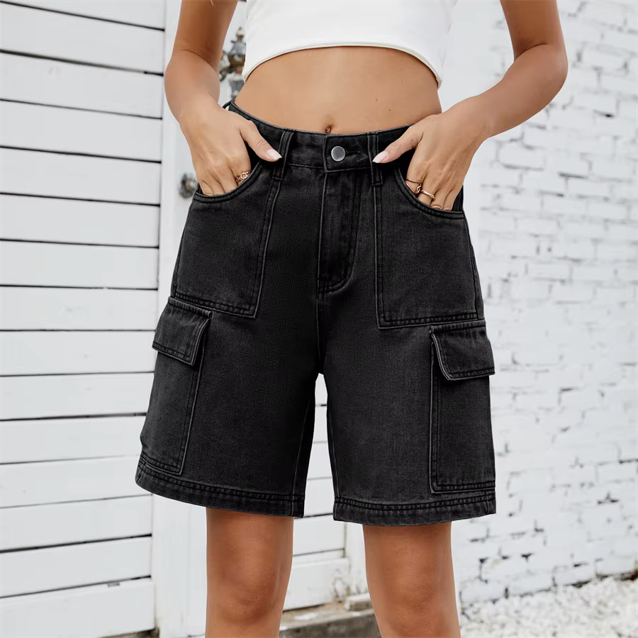 Retro Multi-pocket Cargo High Waist Loose Straight Wide Leg Jean Short
