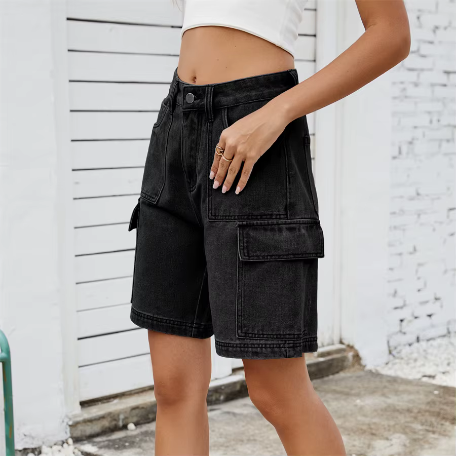 Retro Multi-pocket Cargo High Waist Loose Straight Wide Leg Jean Short - Image 2