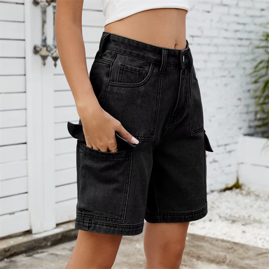 Retro Multi-pocket Cargo High Waist Loose Straight Wide Leg Jean Short - Image 3