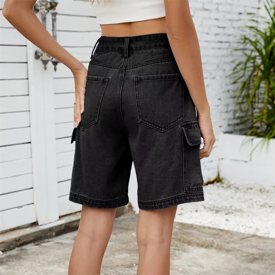 Retro Multi-pocket Cargo High Waist Loose Straight Wide Leg Jean Short - Image 4