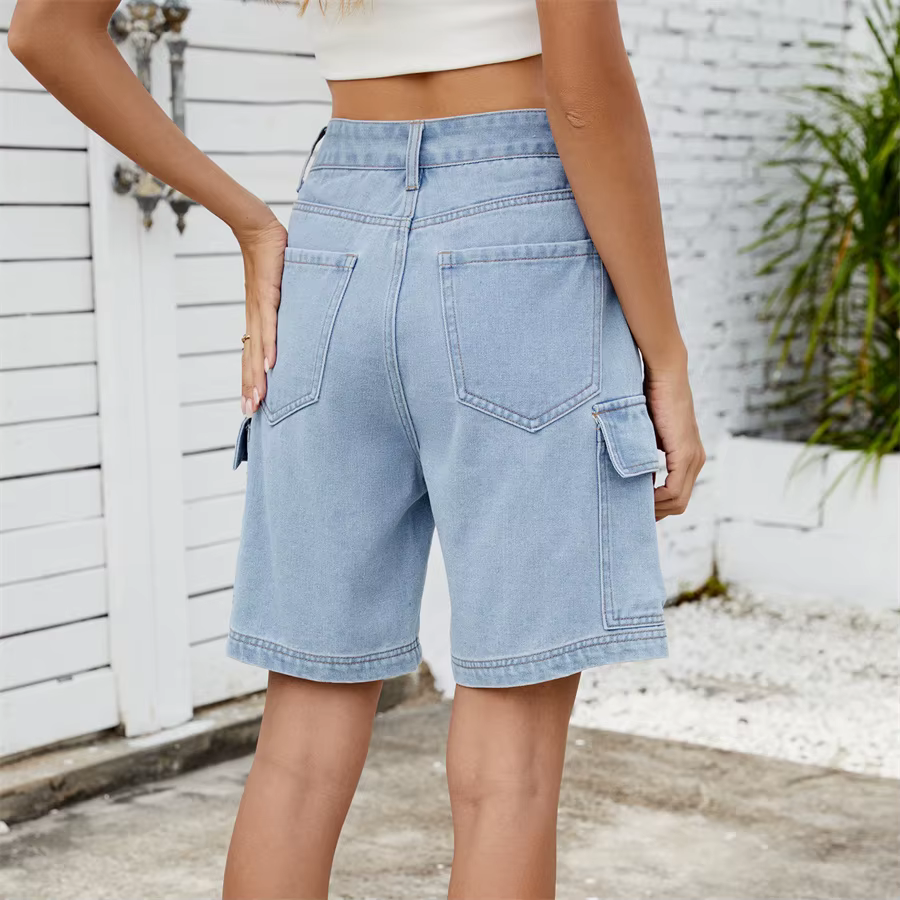 Retro Multi-pocket Cargo High Waist Loose Straight Wide Leg Jean Short - Image 14