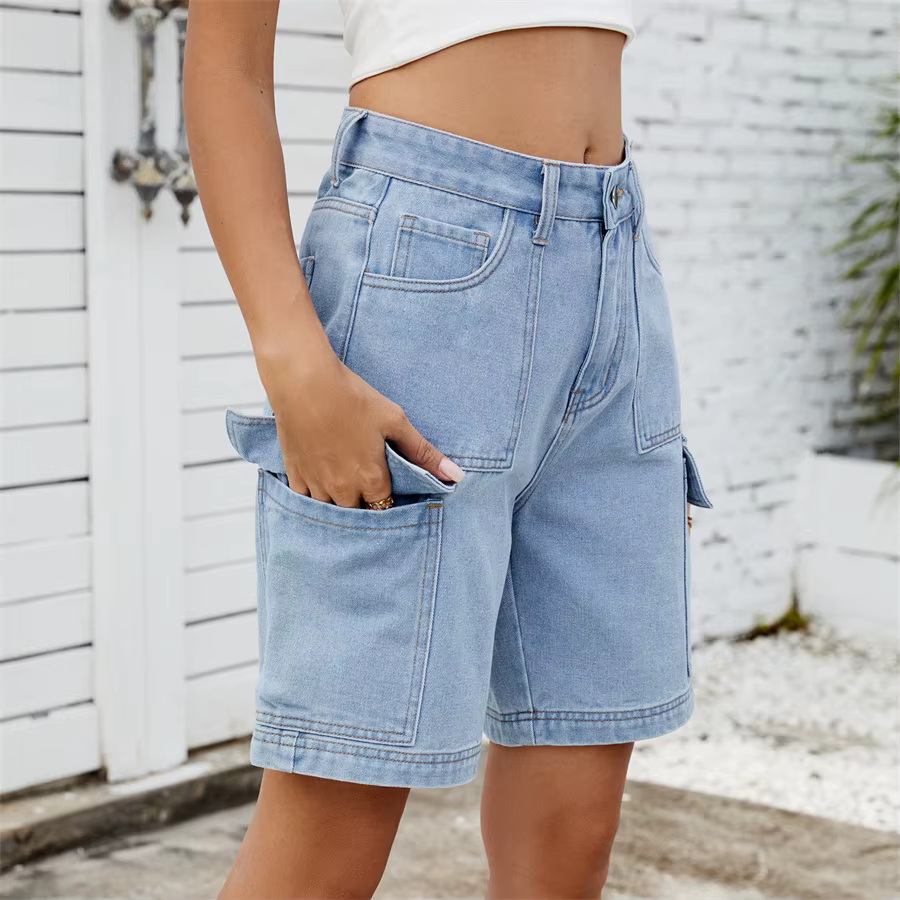 Retro Multi-pocket Cargo High Waist Loose Straight Wide Leg Jean Short - Image 12