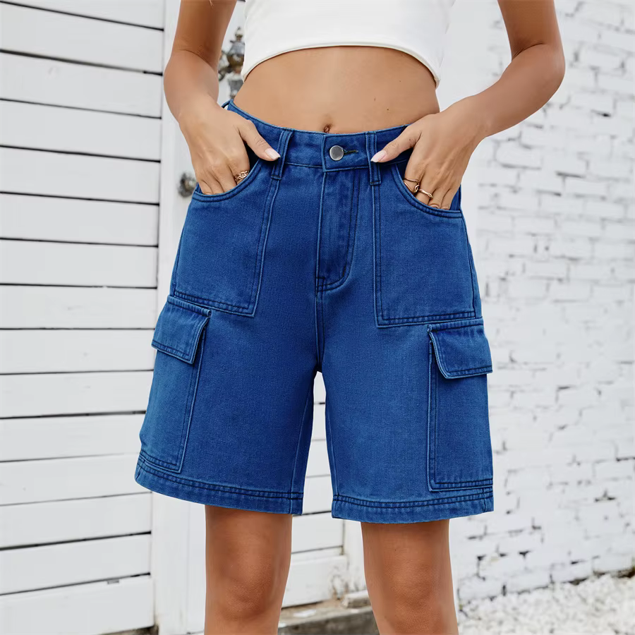 Retro Multi-pocket Cargo High Waist Loose Straight Wide Leg Jean Short - Image 5