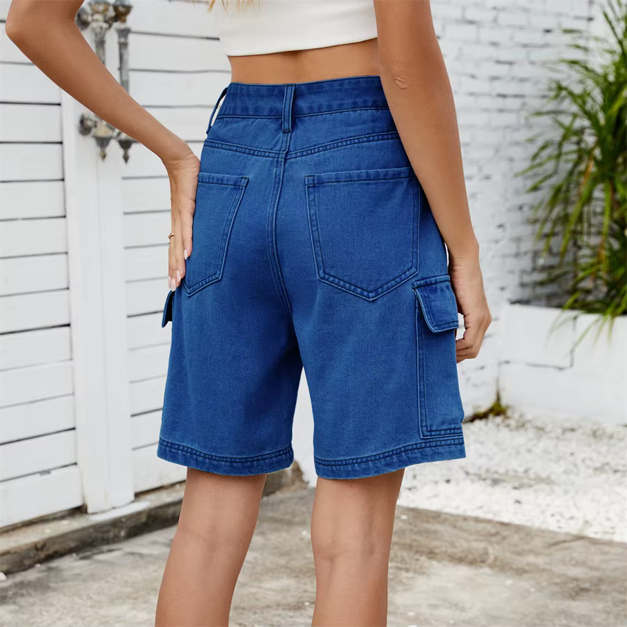 Retro Multi-pocket Cargo High Waist Loose Straight Wide Leg Jean Short - Image 6
