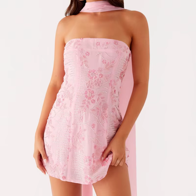 Rhinestone Sleeveless Off Shoulder Backless Sequin Strapless With Scarf Mini Dress