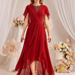 Rhinestones Asymmetrical Chiffon Hem Maxi Sleeves Dress