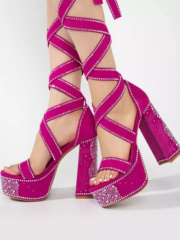 Rhinestones Polyurethane Micro Suede Open Toe Lace Up High Heel - Image 4