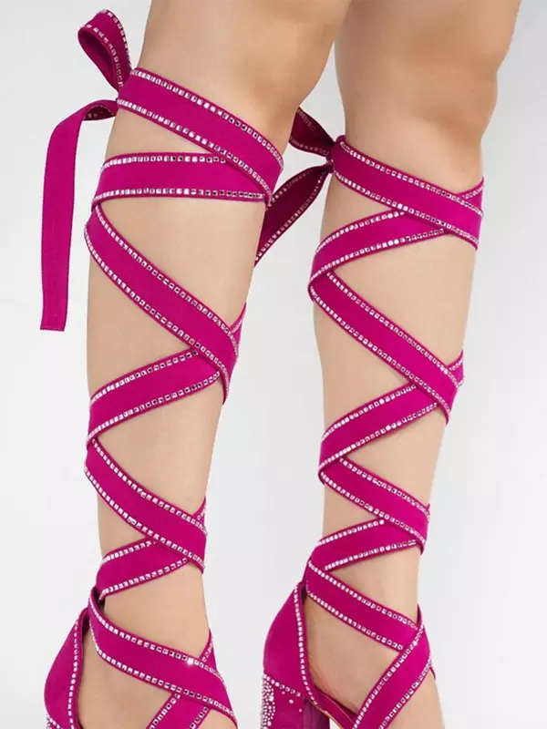 Rhinestones Polyurethane Micro Suede Open Toe Lace Up High Heel - Image 5