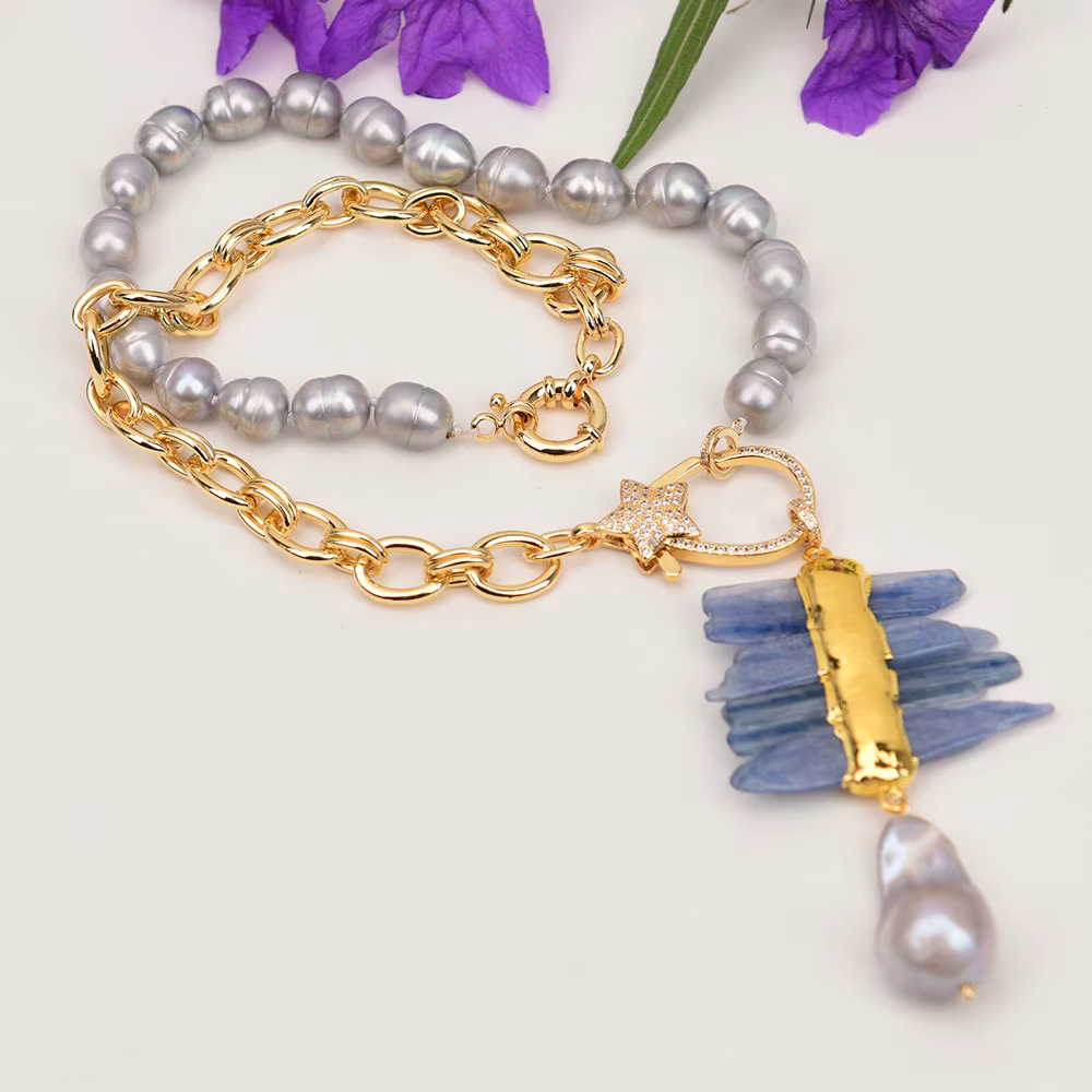 Rice Pearl Natural Blue Kyanite Baroque Pendant Chain Necklace - Image 6