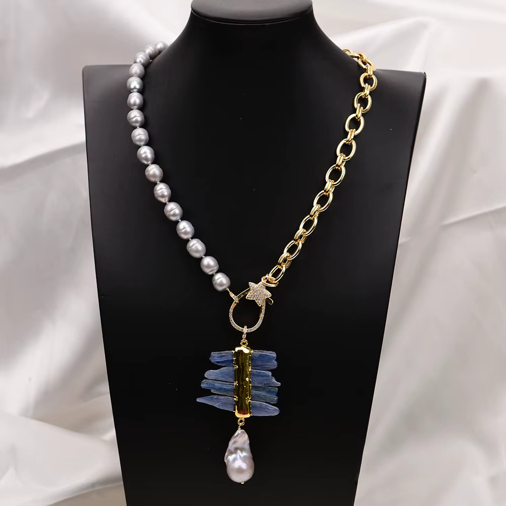 Rice Pearl Natural Blue Kyanite Baroque Pendant Chain Necklace