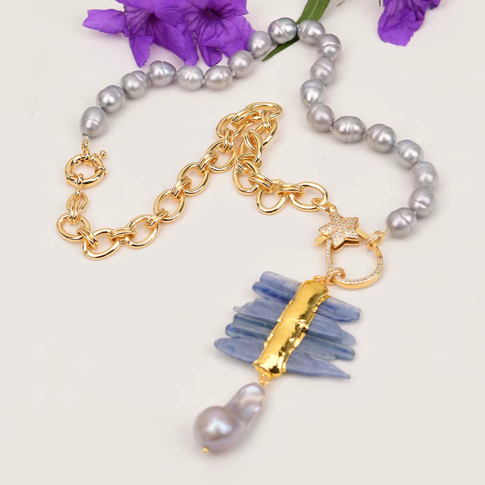 Rice Pearl Natural Blue Kyanite Baroque Pendant Chain Necklace - Image 5