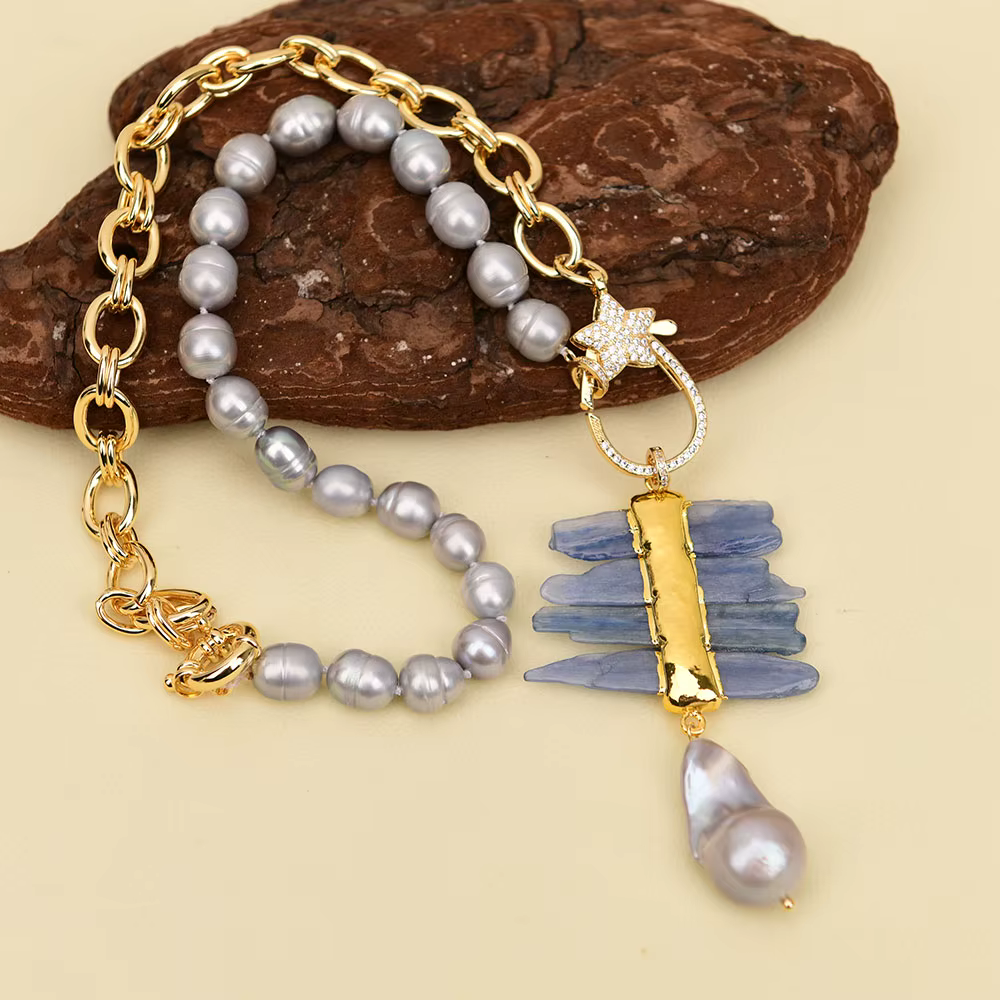 Rice Pearl Natural Blue Kyanite Baroque Pendant Chain Necklace - Image 4