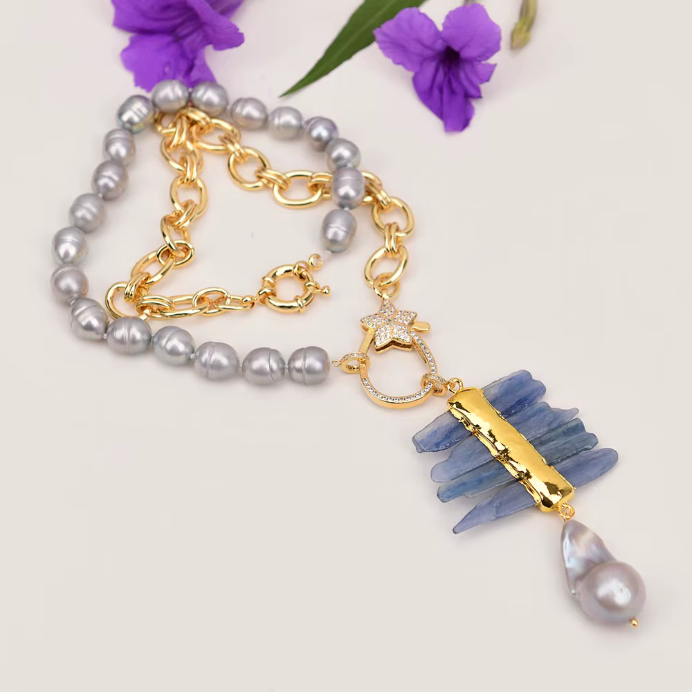 Rice Pearl Natural Blue Kyanite Baroque Pendant Chain Necklace - Image 2