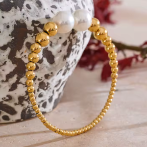 Round Bead Pearl Chain Tarnish Resistant Metal Stainless Steel Open Bracelet Bangle