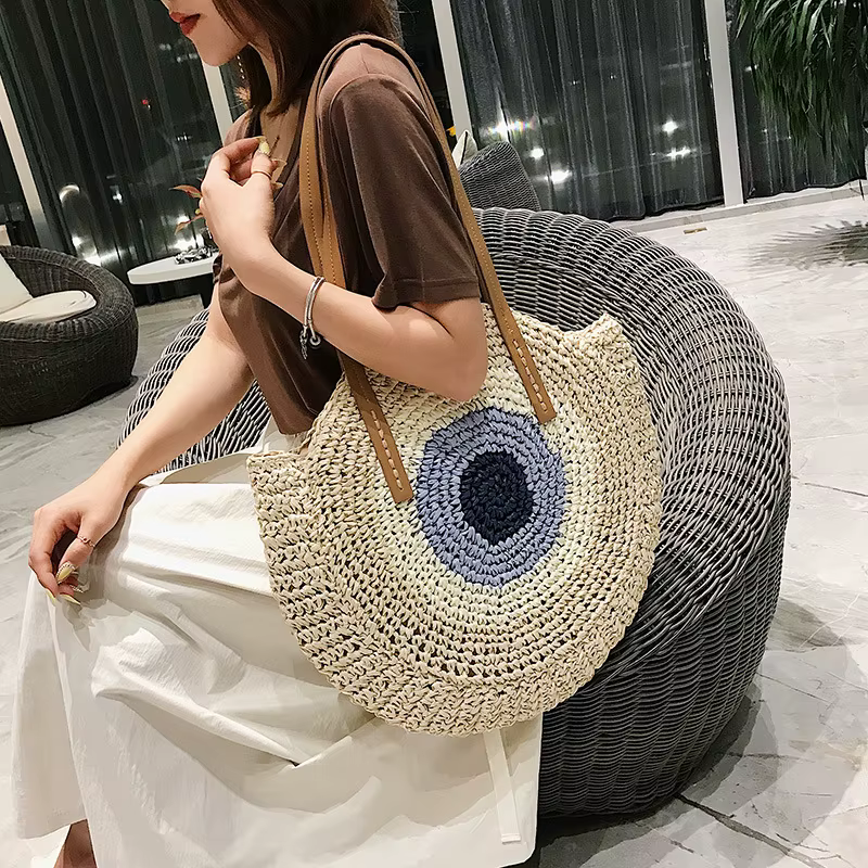 Bohemian Straw Woven Handmade Beach Travel Holiday Tote Round Bags