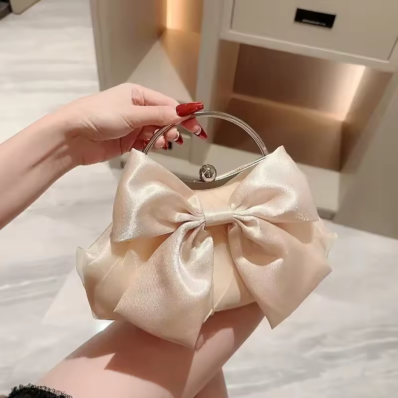 Satin Bow Fairy Metal Handle Wedding Party Bridal Clutches Chain Shoulder Bag - Image 2