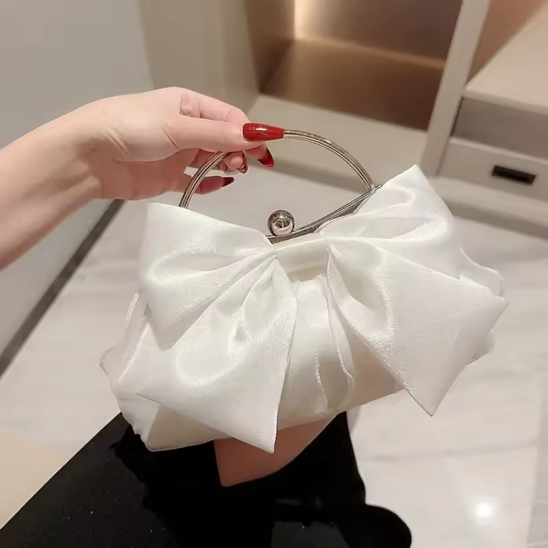 Satin Bow Fairy Metal Handle Wedding Party Bridal Clutches Chain Shoulder Bag - Image 3