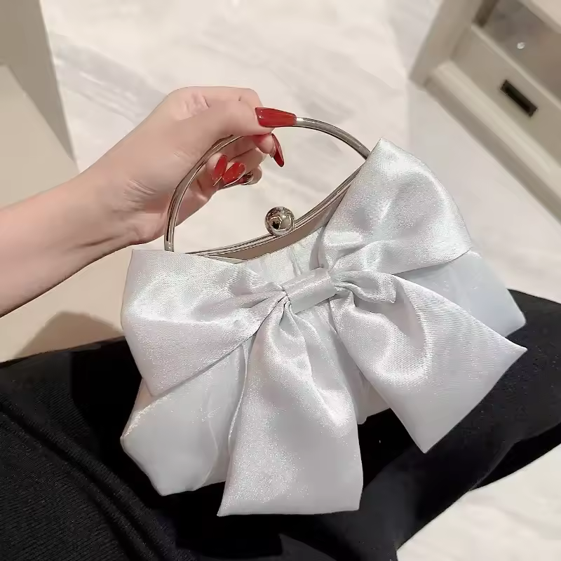Satin Bow Fairy Metal Handle Wedding Party Bridal Clutches Chain Shoulder Bag - Image 4