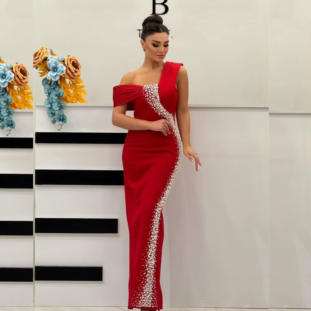 Sequined Jersey Beading Pearl Straight Off-the-shoulder Long Dresses