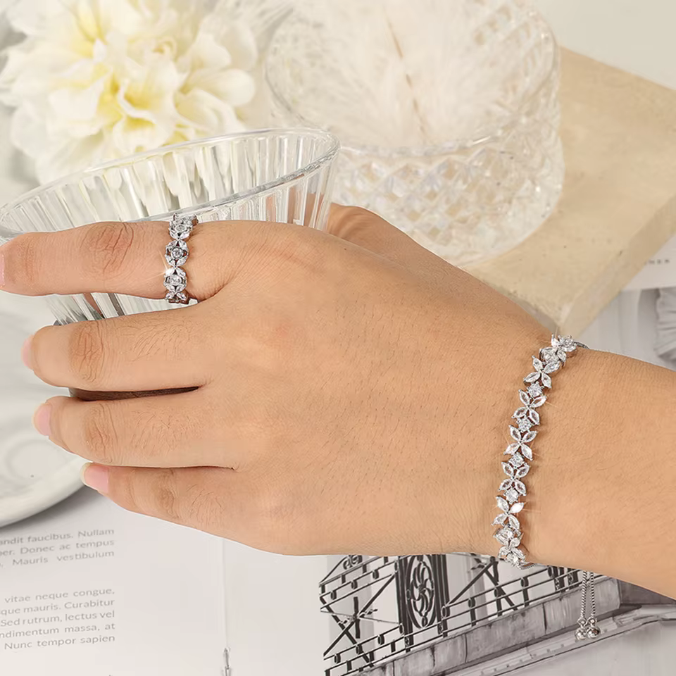 Shiny Clear Zircon Flowers Adjustable Charm Bracelets Ring Set