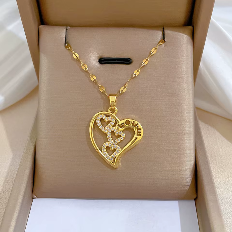 Simple Shiny Zircon Stainless Steel Chain Heart Pendant Necklace - Image 2