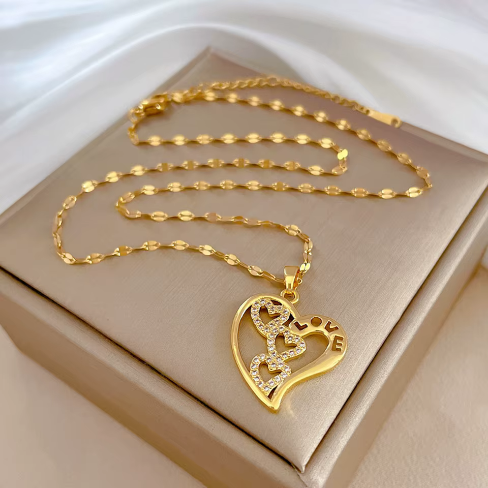 Simple Shiny Zircon Stainless Steel Chain Heart Pendant Necklace - Image 5