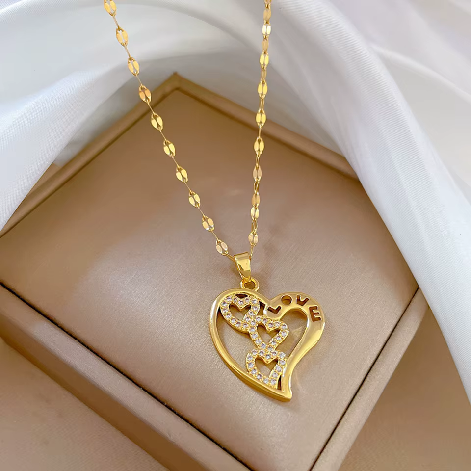 Simple Shiny Zircon Stainless Steel Chain Heart Pendant Necklace - Image 3