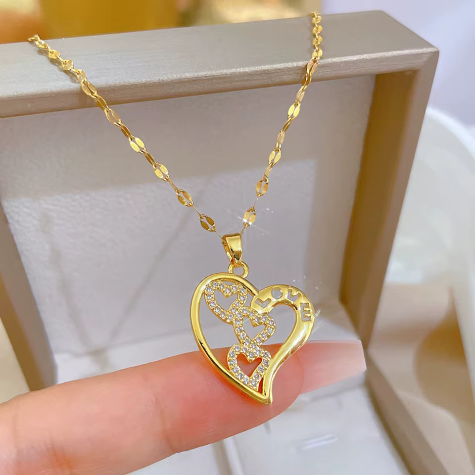 Simple Shiny Zircon Stainless Steel Chain Heart Pendant Necklace - Image 4