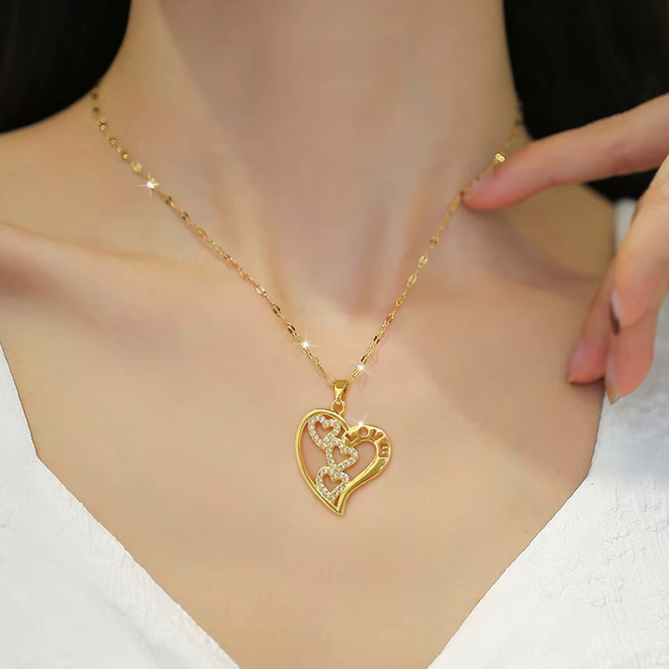 Simple Shiny Zircon Stainless Steel Chain Heart Pendant Necklace