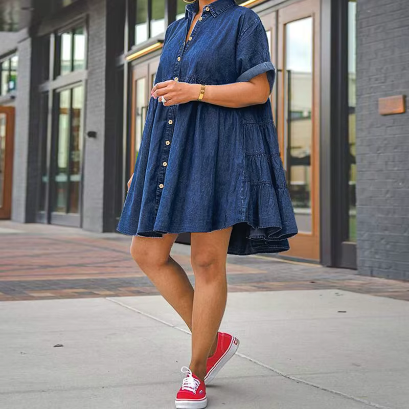 Single Breasted Short Sleeve Lapel Collar Loose Denim Washed Smock Dress