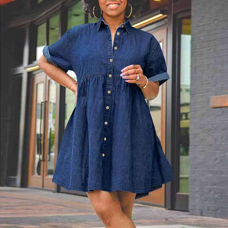 Single Breasted Short Sleeve Lapel Collar Loose Denim Washed Smock Dress - Image 2