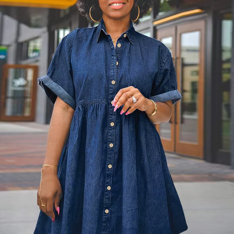 Single Breasted Short Sleeve Lapel Collar Loose Denim Washed Smock Dress - Image 3