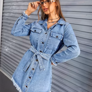 Single Breasted Streetwear Long Sleeve Fringed Hem Denim Belted Jean Dresses