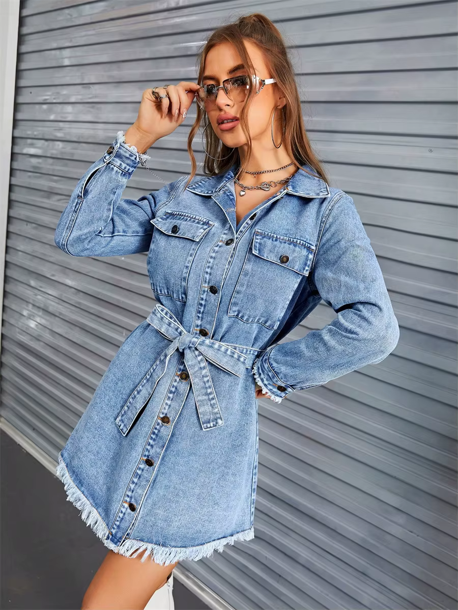 Single Breasted Streetwear Long Sleeve Fringed Hem Denim Belted Jean Dresses