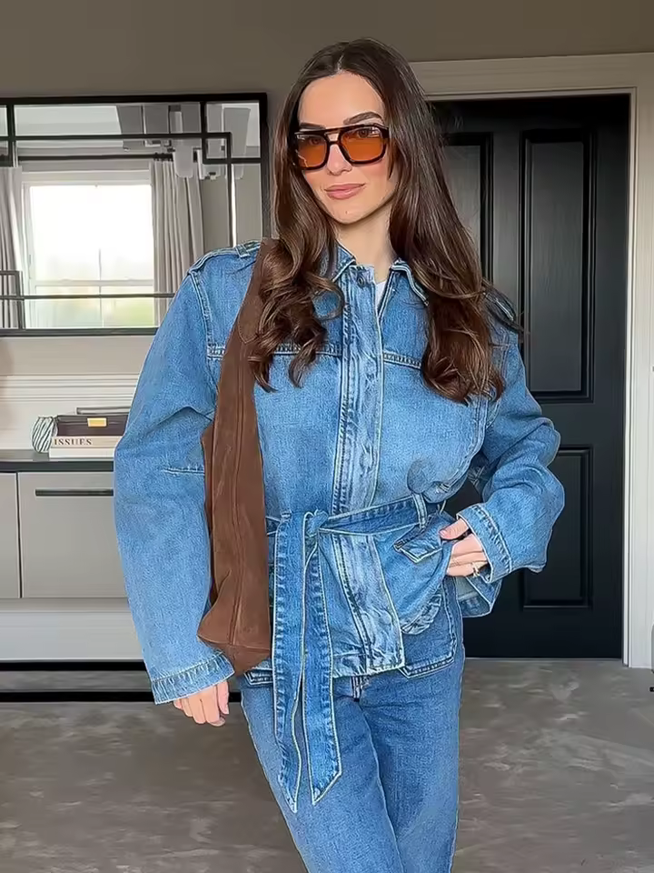 Solid Lapel Single-Breasted Bow Belt Decorate Zipper Streetwear Denim Jacket With Pockets - Image 2