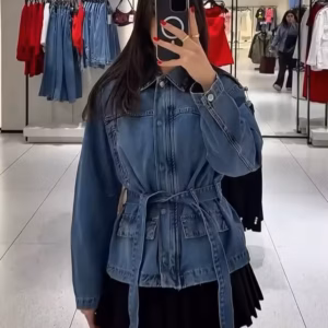 Solid Lapel Single-Breasted Bow Belt Decorate Zipper Streetwear Denim Jacket With Pockets