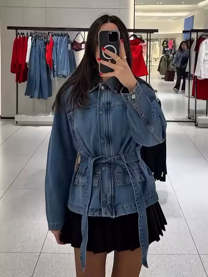 Solid Lapel Single-Breasted Bow Belt Decorate Zipper Streetwear Denim Jacket With Pockets