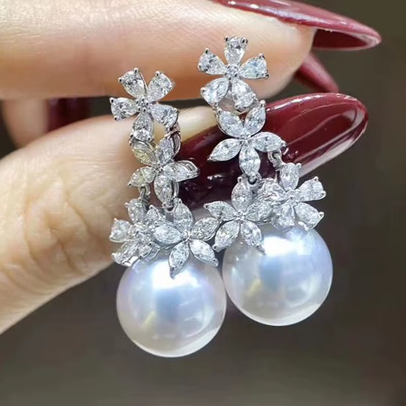 Sparkling Crystal Cubic Zirconia Flower Imitation Pearl Bridal Wedding Earrings