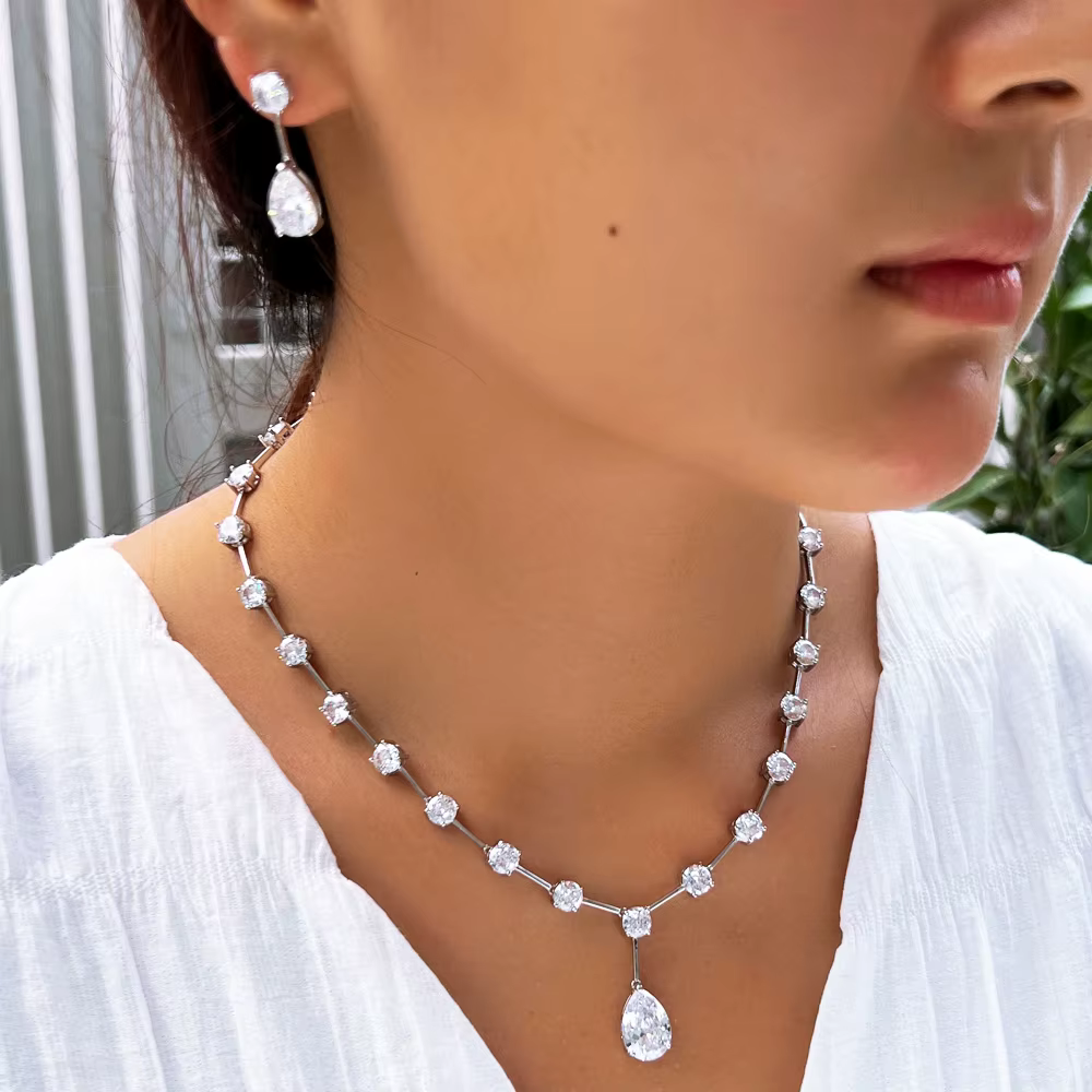 Sparkling Cubic Zirconia Dangle Water Drop Wedding Party Necklace and Earrings Jewelry Sets