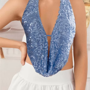 Sparkly Sequined Backless Halter Off Shoulder Backless Mini Tank Tops