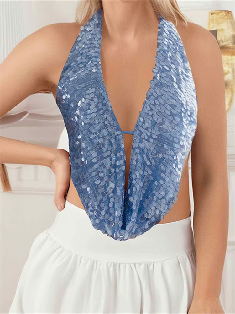 Sparkly Sequined Backless Halter Off Shoulder Backless Mini Tank Tops