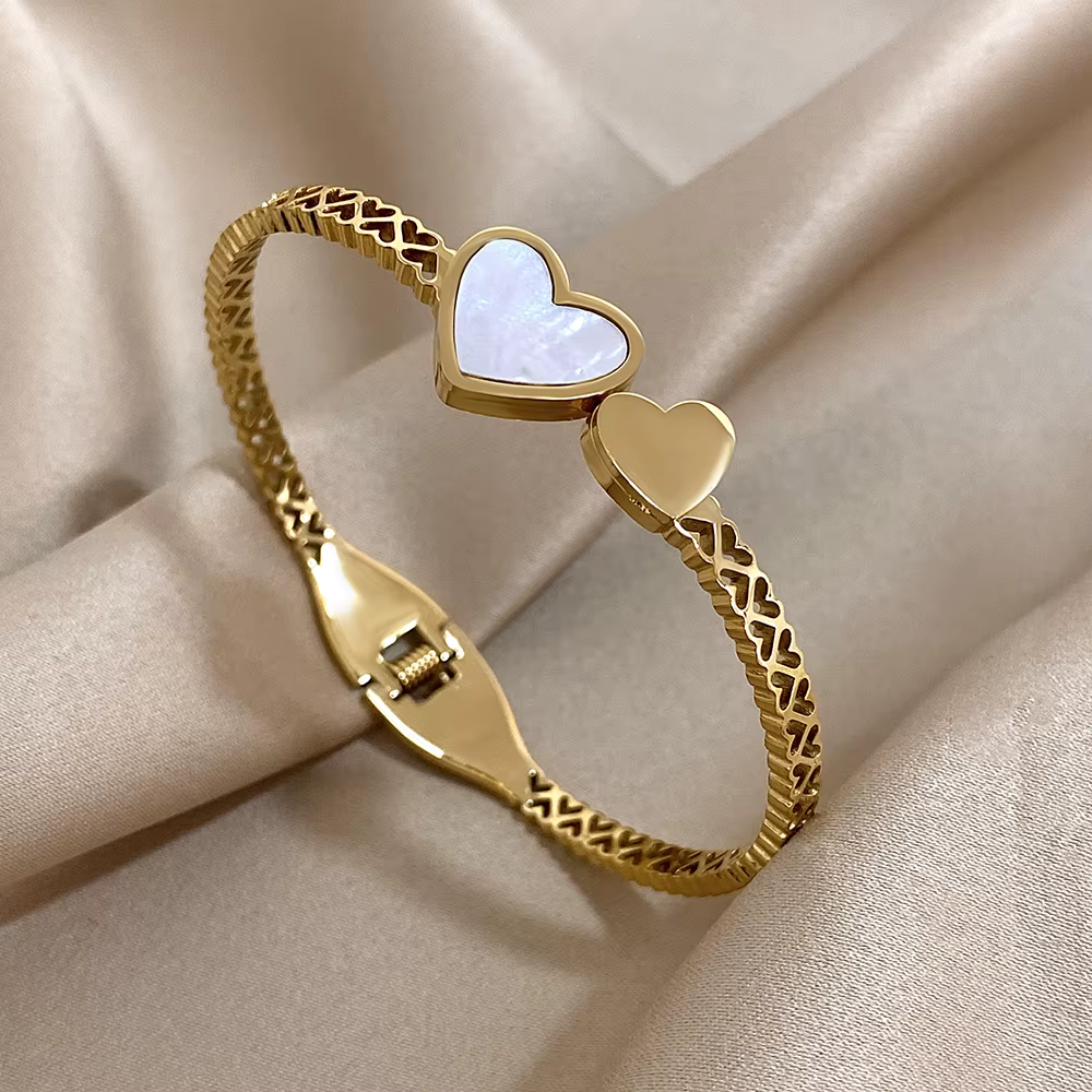 Stainless Steel Inlaid Shell Double Heart Cuff Valentine's Day Bangle Bracelet