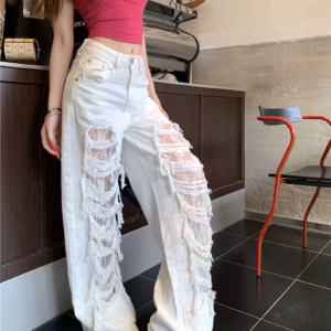 Streetwear High Waist Lace Splicing Wide-leg Ripped Straight-leg Pants