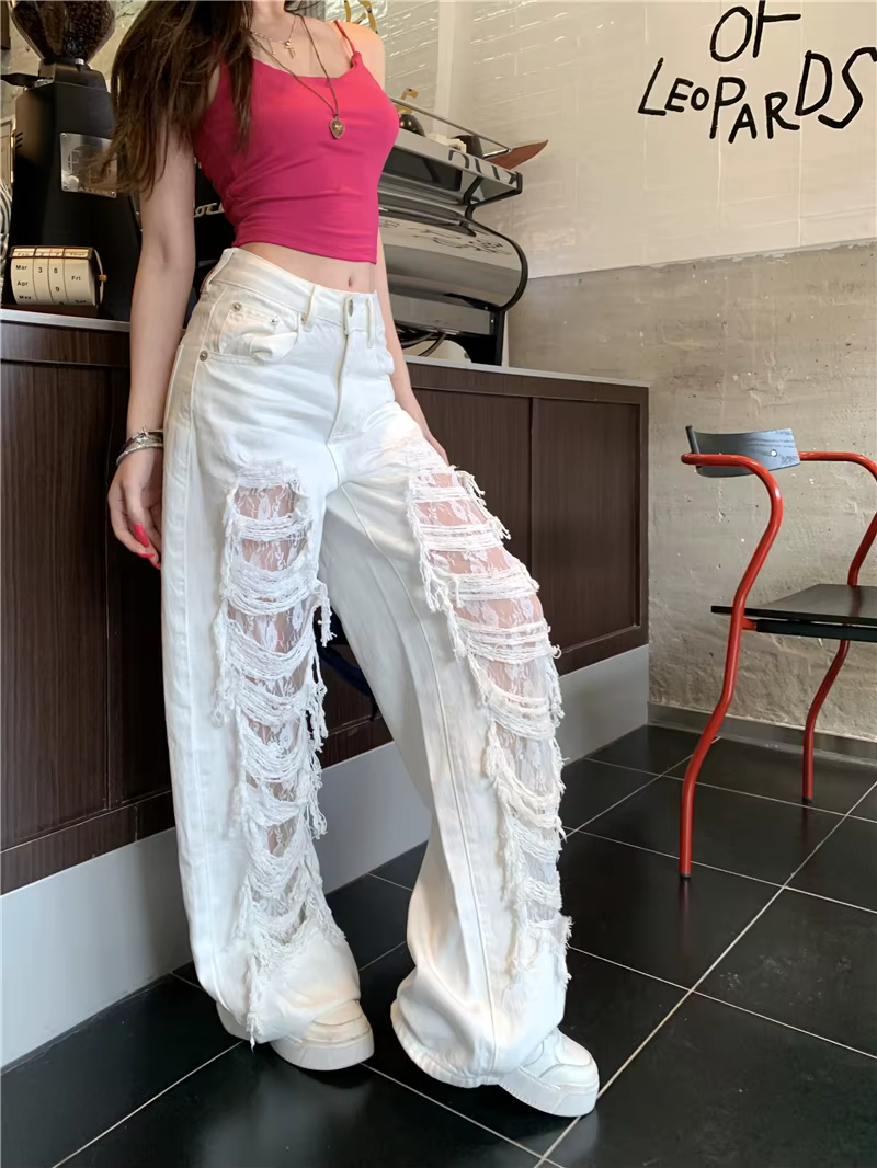 Streetwear High Waist Lace Splicing Wide-leg Ripped Straight-leg Pants