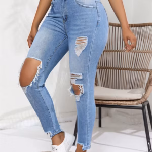 Streetwear Mid Waisted Ripped Hole Slim High Elastic Skinny Jeans